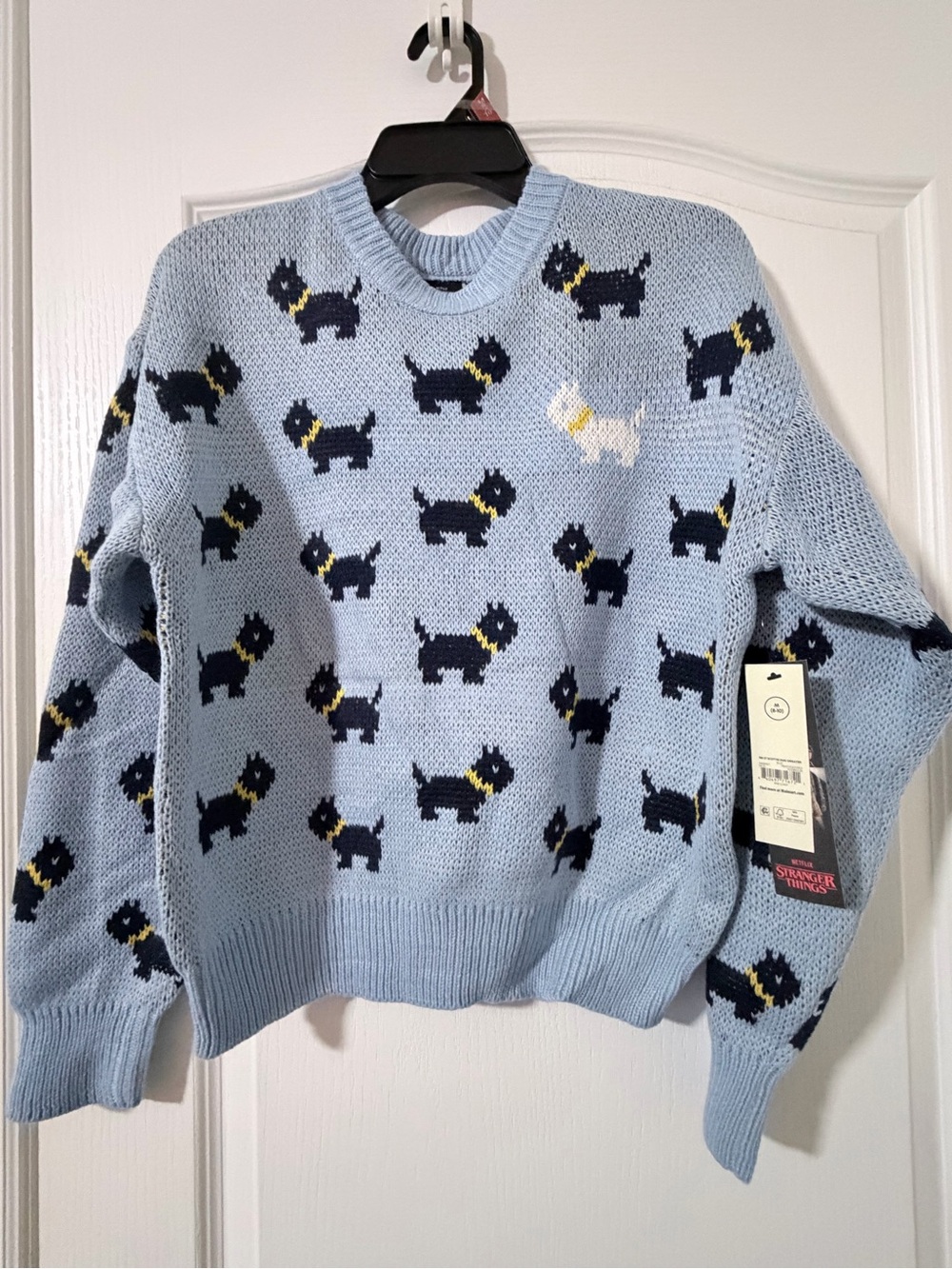 Light Blue Dog Motif Crewneck Sweater - Unbranded
